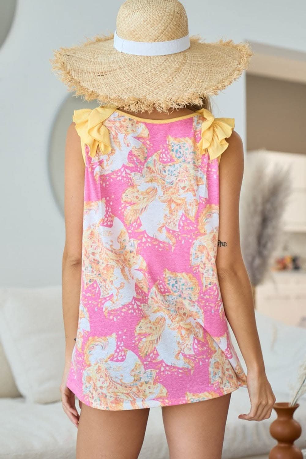 BiBi Printed V Neck Ruffled Tank - Love Salve